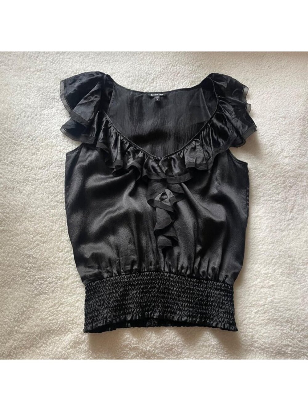 2000s Bebe black ruffled satin blouse - Picture 5 of 8